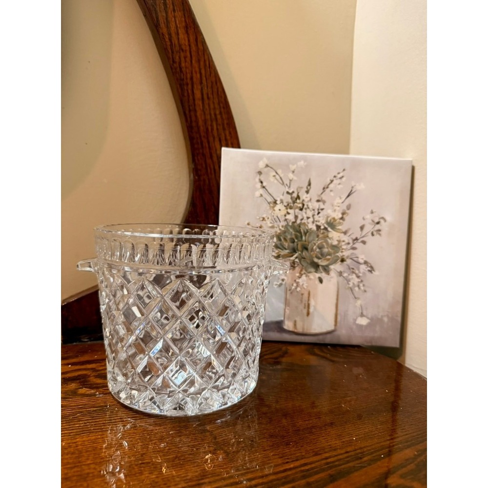 Vintage Crystal Glass Ice Bucket Clear Good Diamond Cut Double Handle Barware